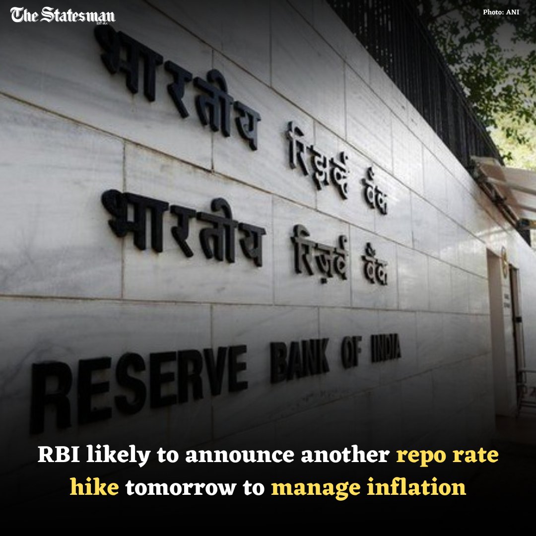 TheStatesmanLtd's tweet image. #ReserveBankofIndia is likely to announce the hike in benchmark interest rate, #reporate on Thursday after a three-day meeting of its #MonetaryPolicyCommittee. Governor #ShaktikantaDas will announce the outcome of the meetings at 10 in the morning tomorrow.