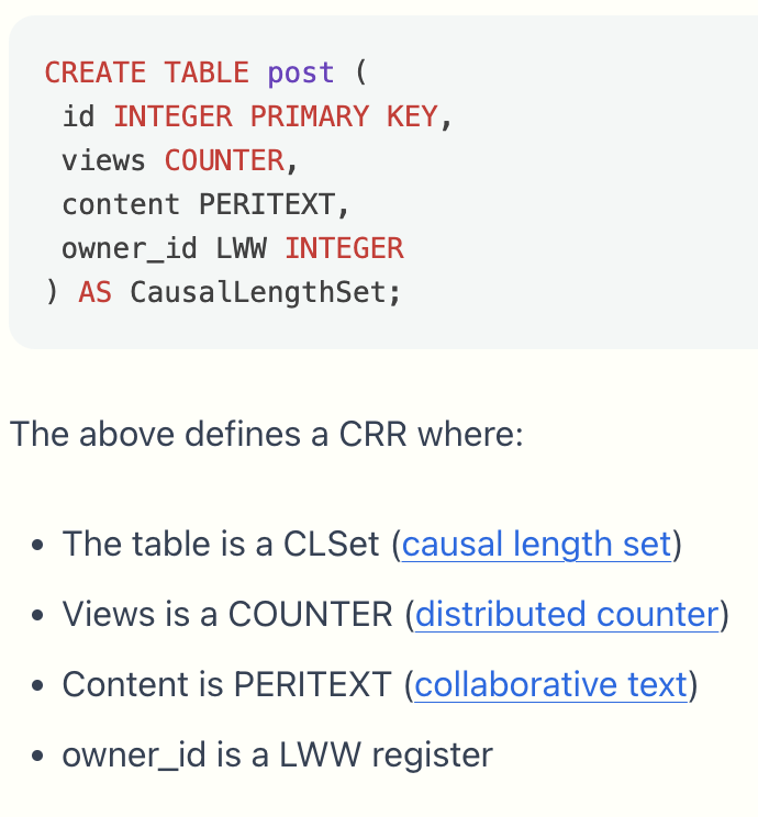 One of the things I'm most excited for is partnering with the LibSQL folks to create a custom syntax for defining tables which are backed by CRDTs!

LibSQL is truly getting SQLite ready for the coming decades -- github.com/libsql/libsql

vlcn.io/cr-sqlite/cust…