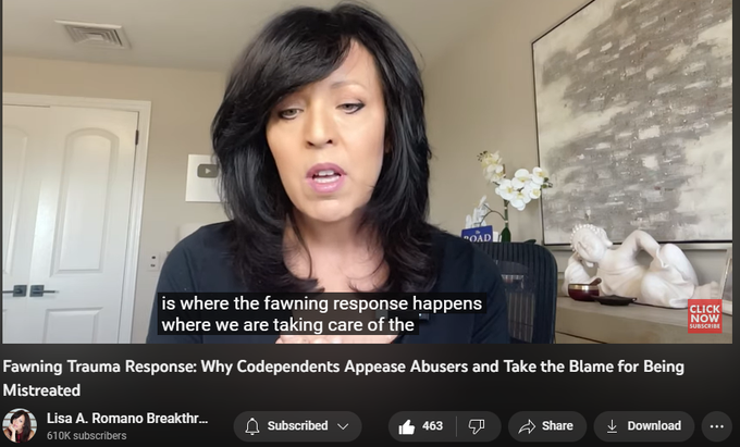 4,953 views  28 Mar 2023  #codependencyrecovery #fawning #adultchildrenofalcoholics
#fawning #codependencyrecovery #adultchildrenofalcoholics In this video, you will learn about the fawning trauma response and why codependents appease abusers and take the blame for being treated badly. Fawning is a survival strategy that impresses the subconscious mind until it becomes a way of relating to the self and others. 

Adult children from dysfunctional and toxic homes can remain in a codependent, sleep state, seeking approval and unable to stand up for themselves for a lifetime. My mother died a codependent woman,  and I observed her powerlessly stuff her emotions and appease my father's anger and unrealistic expectations until she transitioned. She was stuck in her childhood trauma and didn't even know it. 

Mom programmed me to fawn too, and thankfully, through inner child recovery work, I have learned to reprogram my self-beliefs, and I am now living my best life.

Today, I help adult chil