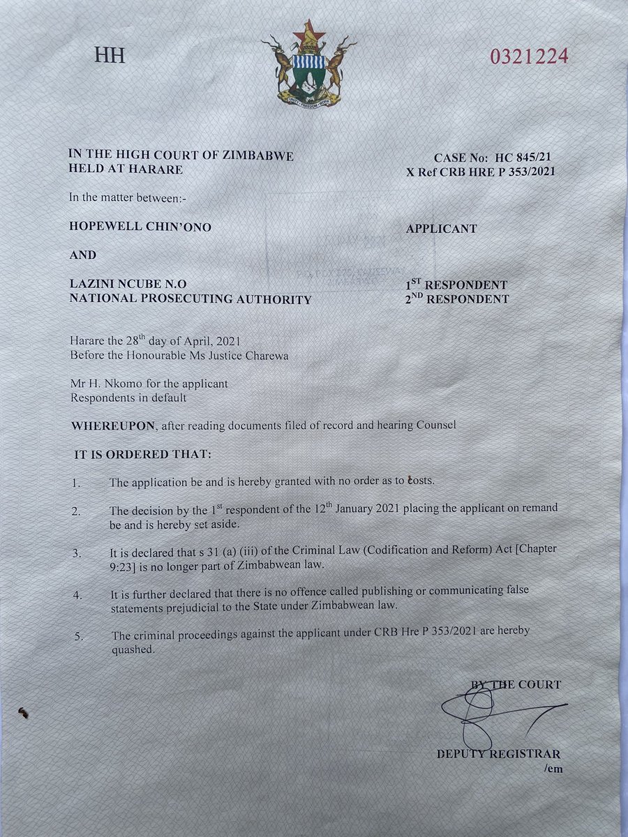 I was arrested the same week as Fadzayi Mahere and accused of having done the same thing and charged under the same law.

My lawyer Harrison Nkomo went to the High Court to challenge the charge on the basis that the law being used didn’t exist.

The High Court agreed &amp; quashed it