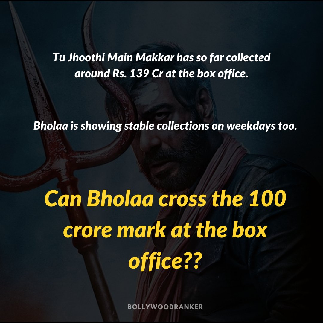 Comparing the 7 Day #BoxOffice Stats of #TJMM & #Bholaa

Both films represent widely different genres & enjoyed an extended Week 1. The collections & trends give a message abt Audiences' tastes & expectations

Full Post on IG

#BRPosts #BRAnalysis

#RanbirKapoor
#AjayDevgn