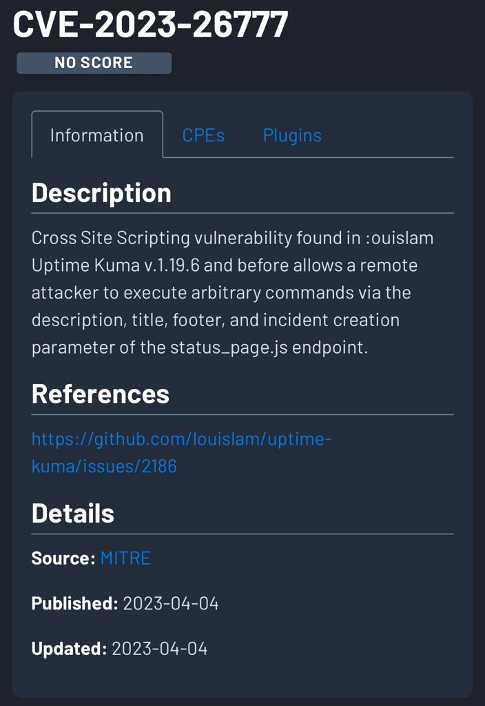 retrymp3's tweet photo. Got 5 CVE-id's assigned on my name(CVE-2023-26773 to 26777).
Started my research in February/2023 still doubting myself. 
I ended up finding multiple vulnerabilities on different projects. 
On 04/04/2023 I got 5 vulnerability reports verified and accepted by @MITREattack.
#CVE https://t.co/C52WZ15kyh