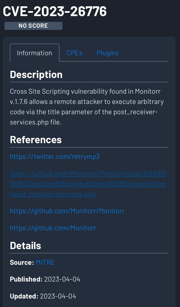 retrymp3's tweet photo. Got 5 CVE-id's assigned on my name(CVE-2023-26773 to 26777).
Started my research in February/2023 still doubting myself. 
I ended up finding multiple vulnerabilities on different projects. 
On 04/04/2023 I got 5 vulnerability reports verified and accepted by @MITREattack.
#CVE https://t.co/C52WZ15kyh