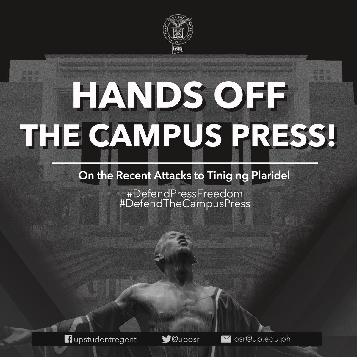 HANDS OFF THE CAMPUS PRESS! DEFEND PRESS FREEDOM! 

Official Statement of the OSR on the Recent Attacks to Tinig ng Plaridel

Read the full statement here: facebook.com/photo/?fbid=76…

#DefendPressFreedom #DefendTheCampusPress