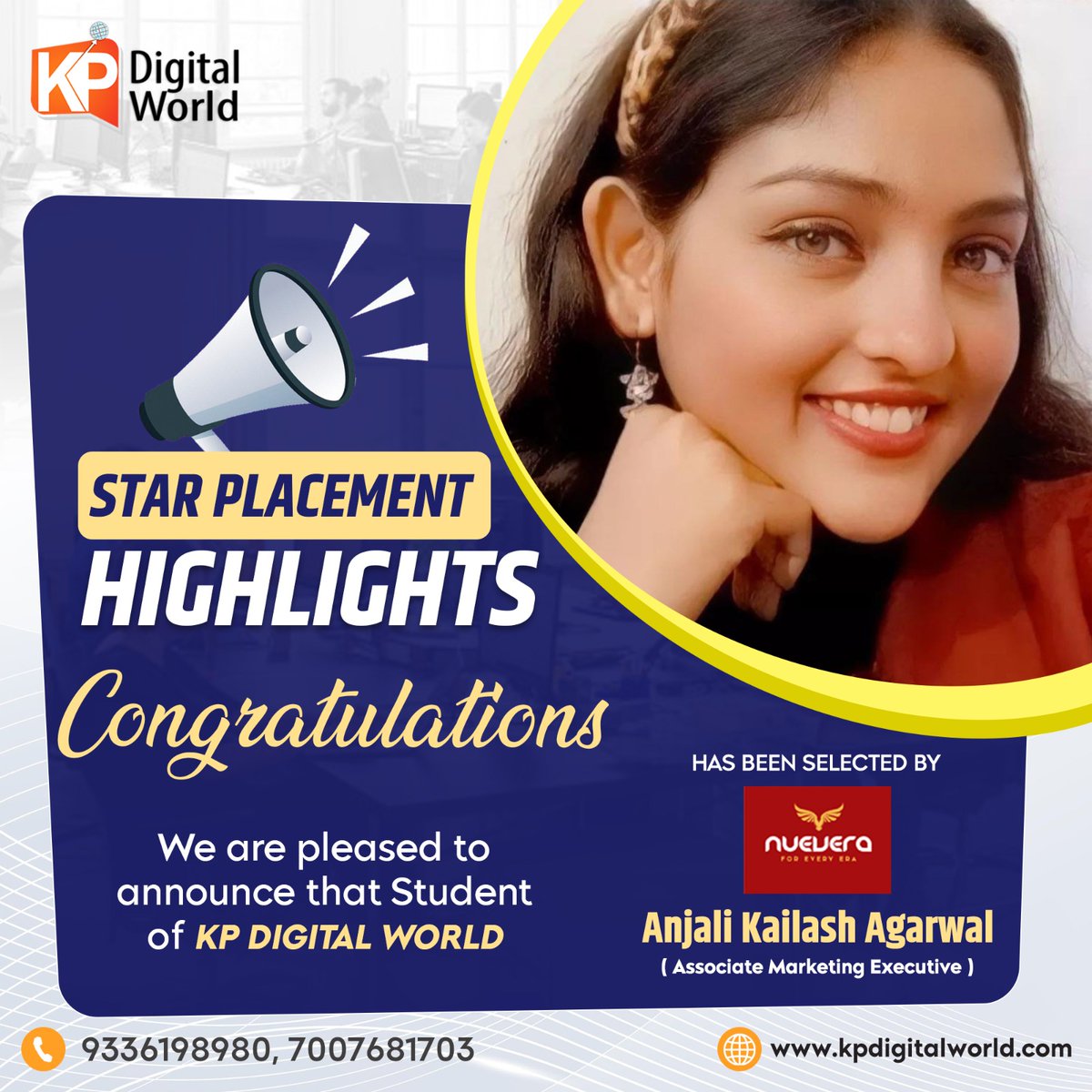 KPDIGITALWORLD's tweet image. 𝐎𝐔𝐑 𝐒𝐓𝐀𝐑 𝐏𝐋𝐀𝐂𝐄𝐌𝐄𝐍𝐓 𝐇𝐈𝐆𝐇𝐋𝐈𝐆𝐇𝐓𝐒 
Congratulation We Are Pleased To Announce That The Students Of Kp Digital World, Anjali Kailash Agarwal Have Been Selected For The Position Of ( Associate Marketing Executive ) At Nuevera Infotech Private Limited.

#getjob