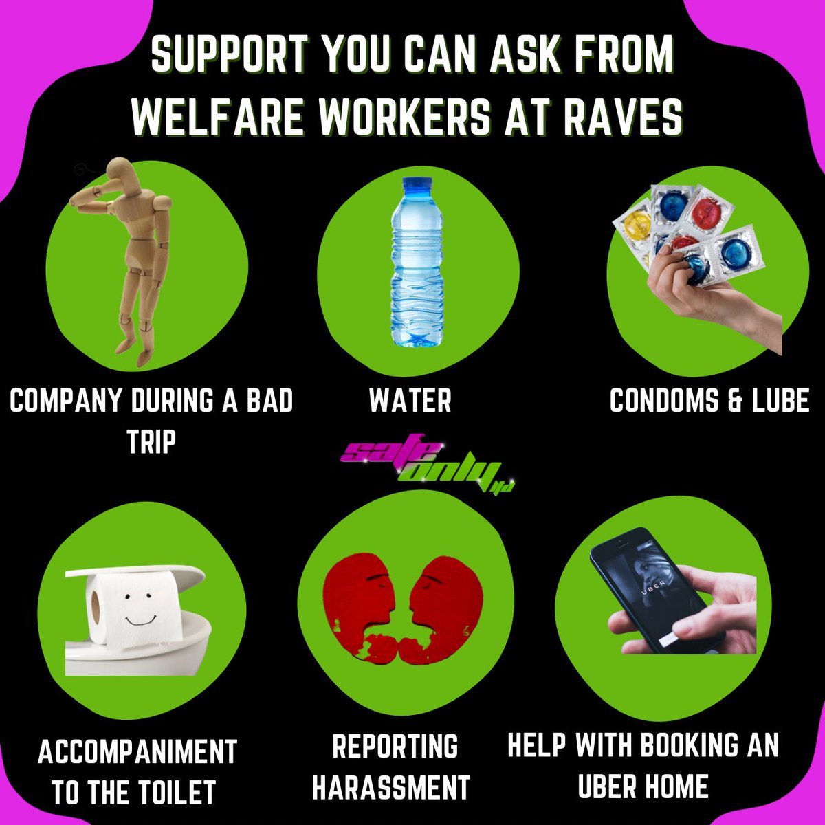 A list of things you can ask us to support you with at a rave🫶 #welfaresupport #lgbtq #queer #queerraves