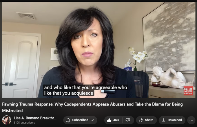 4,953 views  28 Mar 2023  #codependencyrecovery #fawning #adultchildrenofalcoholics
#fawning #codependencyrecovery #adultchildrenofalcoholics In this video, you will learn about the fawning trauma response and why codependents appease abusers and take the blame for being treated badly. Fawning is a survival strategy that impresses the subconscious mind until it becomes a way of relating to the self and others. 

Adult children from dysfunctional and toxic homes can remain in a codependent, sleep state, seeking approval and unable to stand up for themselves for a lifetime. My mother died a codependent woman,  and I observed her powerlessly stuff her emotions and appease my father's anger and unrealistic expectations until she transitioned. She was stuck in her childhood trauma and didn't even know it. 

Mom programmed me to fawn too, and thankfully, through inner child recovery work, I have learned to reprogram my self-beliefs, and I am now living my best life.

Today, I help adult chil