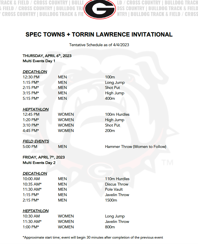 UGATrack's tweet photo. 🚨 Due to predicted inclement weather, the #Dawgs Spec Towns + Torrin Lawrence Invitational has been changed to a 𝐭𝐰𝐨-𝐝𝐚𝐲 𝐦𝐞𝐞𝐭 (𝐓𝐡𝐮𝐫𝐬𝐝𝐚𝐲-𝐅𝐫𝐢𝐝𝐚𝐲). 🚨

Stay tuned for more details as meet nears . . . 

#GoDawgs https://t.co/hKQuzJ3Dh4