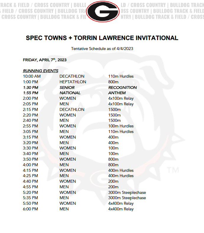 UGATrack's tweet photo. 🚨 Due to predicted inclement weather, the #Dawgs Spec Towns + Torrin Lawrence Invitational has been changed to a 𝐭𝐰𝐨-𝐝𝐚𝐲 𝐦𝐞𝐞𝐭 (𝐓𝐡𝐮𝐫𝐬𝐝𝐚𝐲-𝐅𝐫𝐢𝐝𝐚𝐲). 🚨

Stay tuned for more details as meet nears . . . 

#GoDawgs https://t.co/hKQuzJ3Dh4