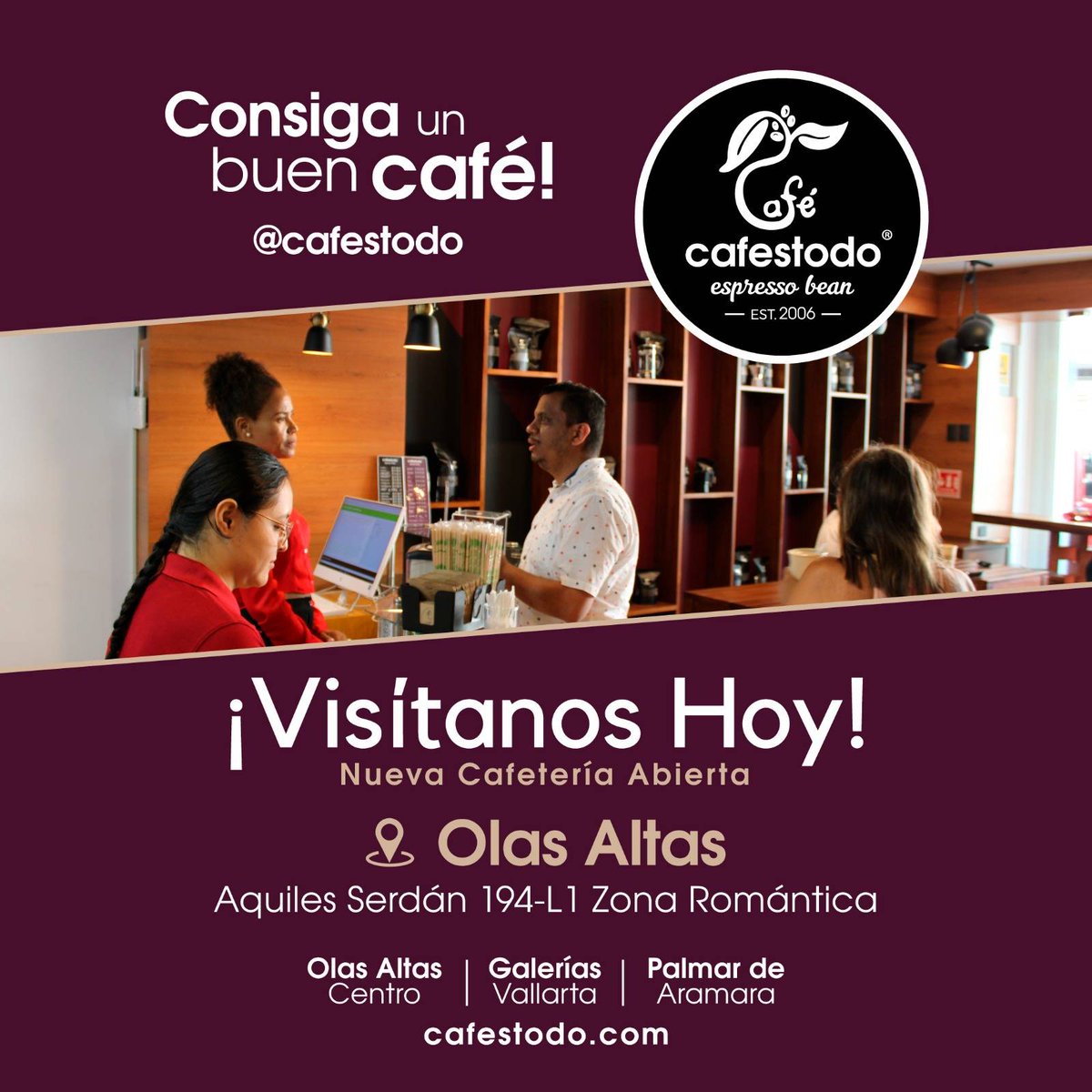 Nueva Tienda Olas Altas, ¡Esperamos verte el día de Hoy!, ahora también en esta nueva ubicación: 
Aquiles Serdán 194- L1 (Frente a Molino de Agua)
Lunes a Domingo de 7:00 AM a 9:00 PM
Consiga un buen café! | <a href="/cafestodo/">cafestodo</a>

Maps| goo.gl/maps/ra2cGF4rB…