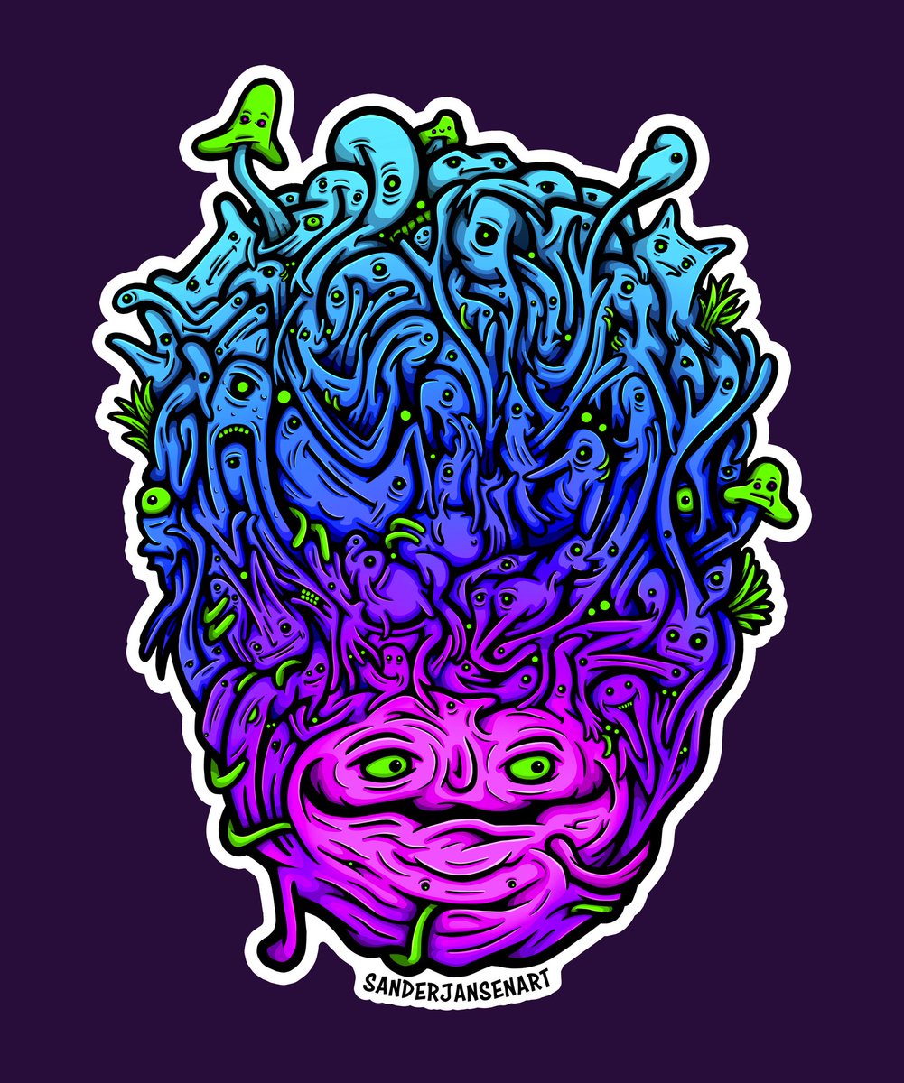 Gm! 
Mental Mania.🧠

Finished this creature. Working on the background atm. 

Want to make some cool stickers, what do you think?