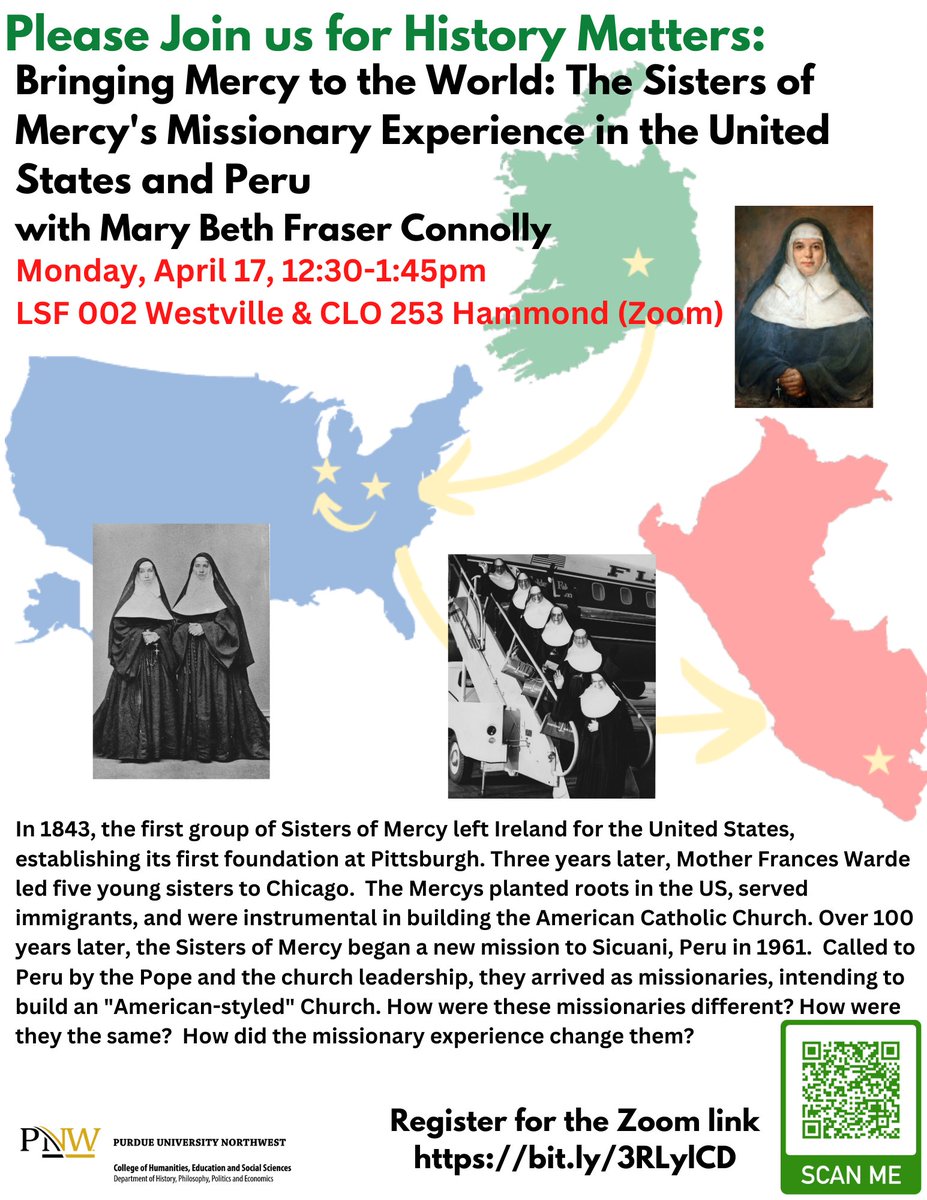 We have a new date for this #Nuntastic #HistoryMatters - Apr 17, 12:30-1:45pm @mbfconnolly will present Bringing Mercy to the World at @PurdueNorthwest Westville in LSF 002 & Hammond CLO 253 w Zoom. Register for the Zoom link bit.ly/3RLylCD. 1/2