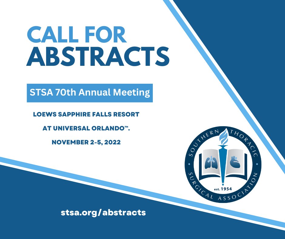 The STSA Annual Meeting is known for its rigorous educational sessions. Over 400 cardiothoracic surgeons and allied professionals attend the meeting each year. Consider submitting an abstract for the STSA 70thAnnual Meeting! The deadline is 4/10/2023 at 11:59 pm EST.