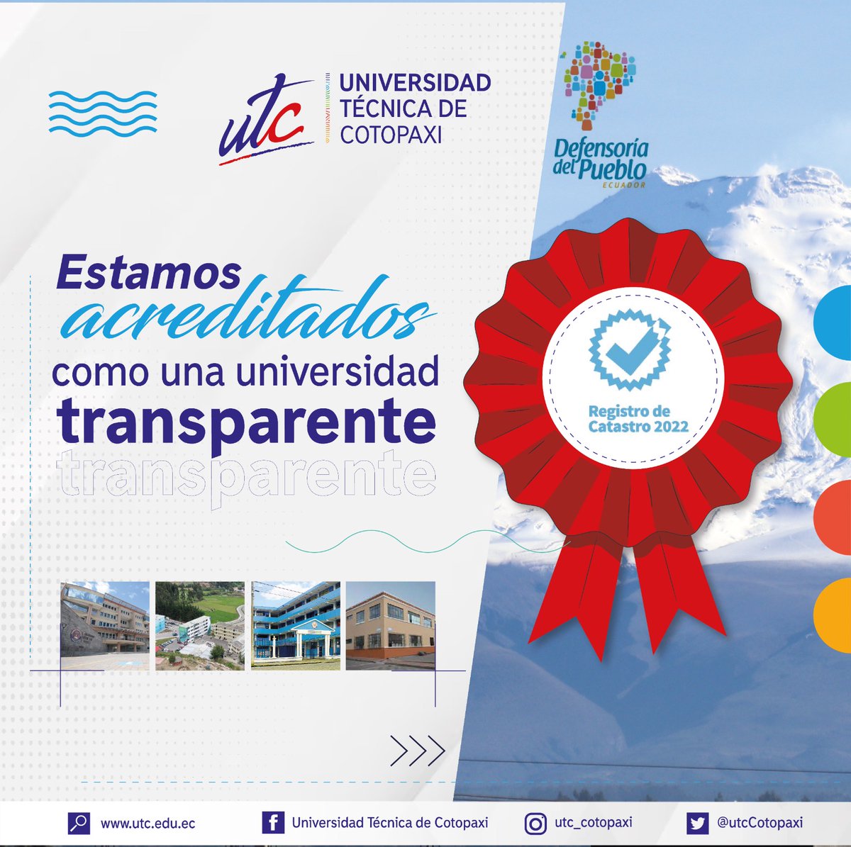 utcCotopaxi's tweet photo. 🔴 #UTCTransparente
🤳🏻Nos complace presentar nuestra insignia anual entregada por la @DEFENSORIAEC donde califican a nuestra Alma Máter de Cotopaxi como una institución transparente que mantiene público el acceso a la información. 🥇
#SoyUTC https://t.co/Z43bdcwSvU