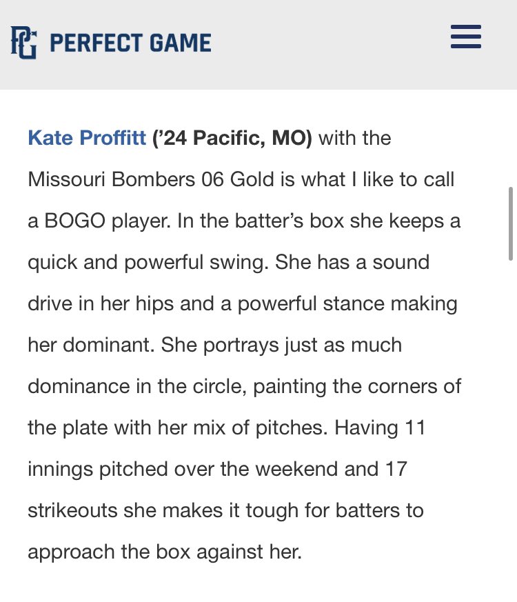 Thank you Perfect Game for the scouting report! #KateProffitt2024 #MissouriBombers06Gold