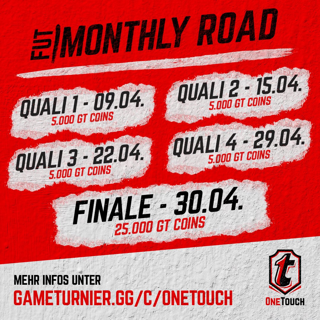 Sichert euch euren Platz im Finale und spielt um 25.000 GT Coins. 👀⚽️

Jetzt anmelden: gameturnier.ch/c/onetouch 

#OneTouch #MonthlyFinal #fifa #efifa #gaming #schwiiz #deutschland #fut #fut23