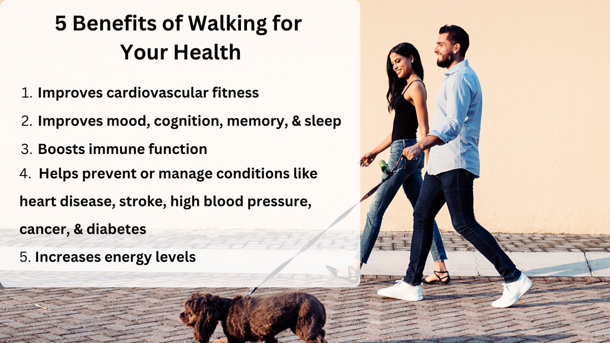 Getting in a daily walk has physical/mental #healthbenefits:
✨ Improves #cardiovascularfitness
✨ Boosts #immunefunction
✨ Improves mood
✨ Increases energy 
✨ Helps prevent/manage #heartdisease, #highbloodpressure, #cancer & #diabetes

#nationalwalkingday #exercisedaily