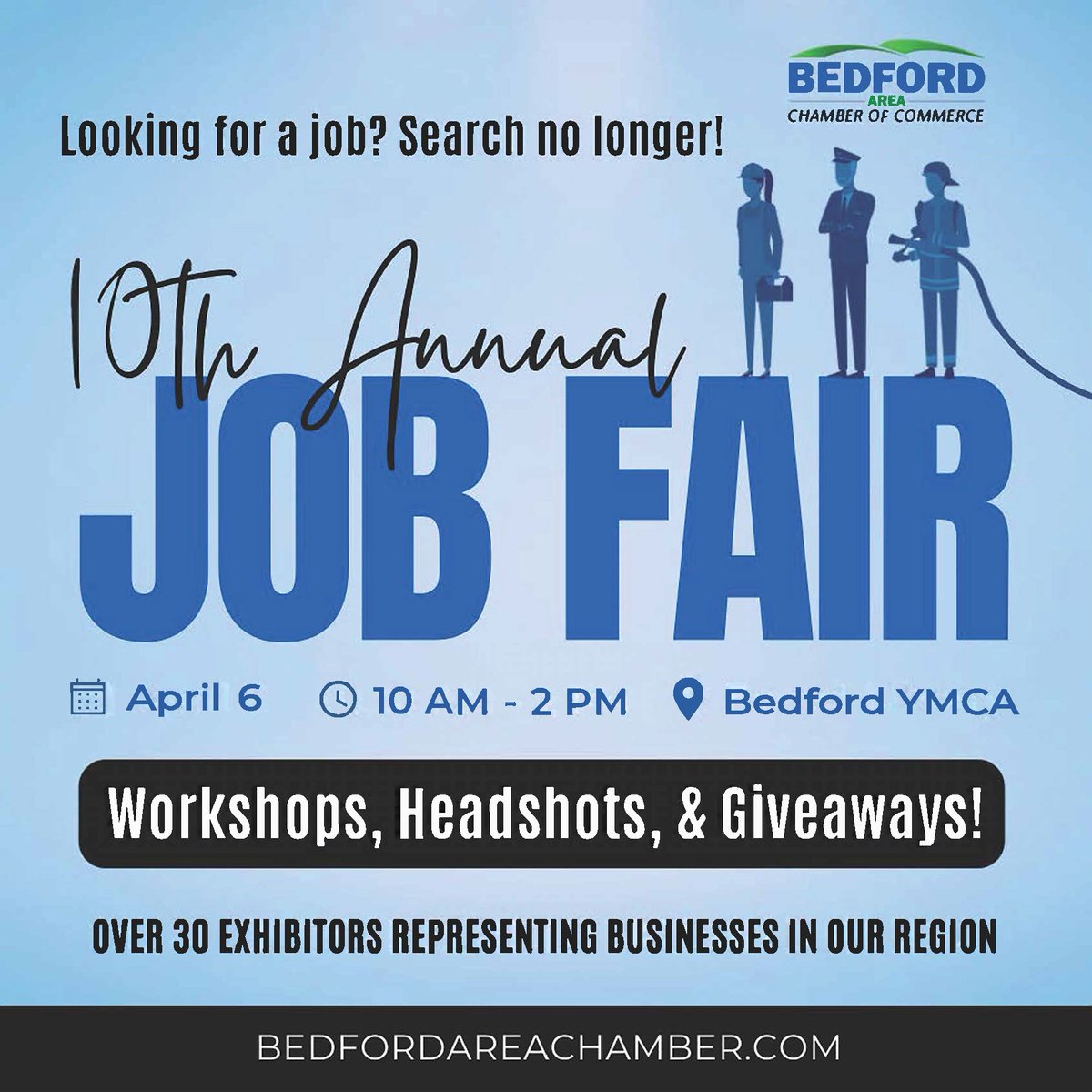 ❗️ NEW LOCATION ALERT ❗️

With rain in the forecast, the @BedfrdAreaChmbr is moving its Job Fair to the Bedford YMCA. The event is happening tomorrow from 10AM - 2PM at 1111 Turnpike Rd in Bedford. Meet with employers who are ready to hire you! Don't miss this great FREE event!