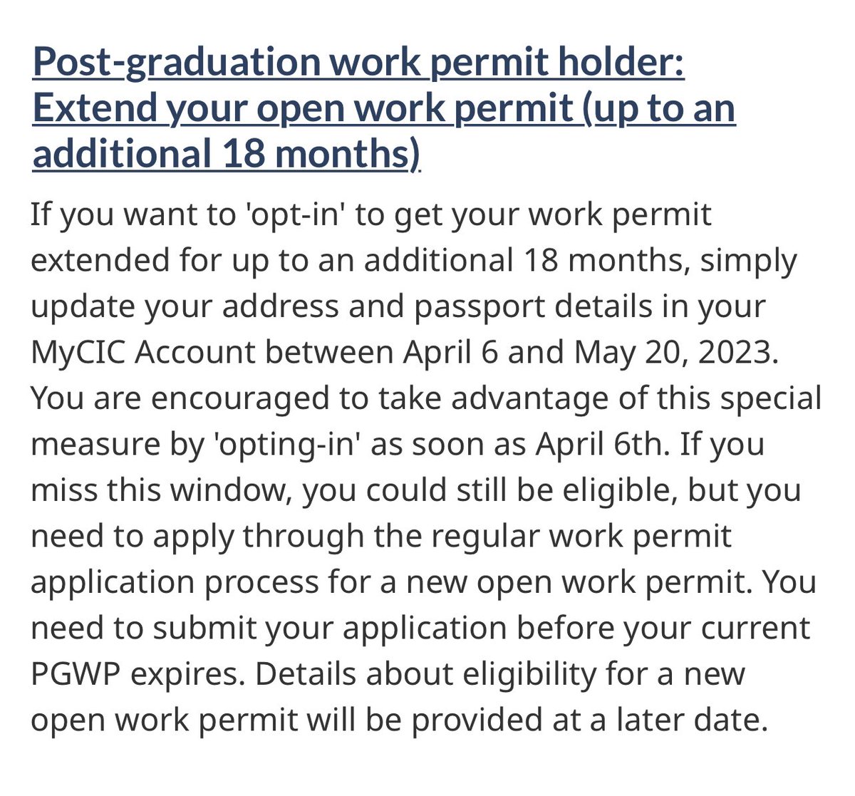 IRCC has introduced a new tool that allows #PGWPholders to extend their #workpermits. The option to use this tool will be visible upon logging in to your GC Key account. Individuals who meet the eligibility criteria for this simplified & faster process will have the option to…