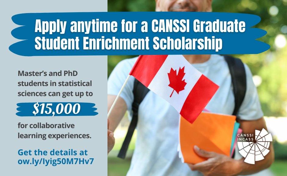 CANSSI Ontario (@canssiontario) on Twitter photo Master's & PhD students in statistical sciences: <a href="/CANSSIINCASS/">CANSSI - INCASS</a> offers Graduate Student Enrichment #Scholarships of up to $15K. Applications accepted year-round:
ow.ly/Iyig50M7Hv7
<a href="/WaterlooMath/">Waterloo Mathematics</a> <a href="/MacDATAInst/">MacDATA Institute</a> <a href="/UofT_dlsph/">U of T Public Health</a> <a href="/BrockUFMS/">Brock FMS</a> <a href="/UofTStatSci/">U of T Statistical Sciences</a> <a href="/CU_DataScience/">Institute for Data Science</a> <a href="/westernuepibio/">Western Epi&Biostats</a> Master's & PhD students in statistical sciences: <a href="/CANSSIINCASS/">CANSSI - INCASS</a> offers Graduate Student Enrichment #Scholarships of up to $15K. Applications accepted year-round:
ow.ly/Iyig50M7Hv7
<a href="/WaterlooMath/">Waterloo Mathematics</a> <a href="/MacDATAInst/">MacDATA Institute</a> <a href="/UofT_dlsph/">U of T Public Health</a> <a href="/BrockUFMS/">Brock FMS</a> <a href="/UofTStatSci/">U of T Statistical Sciences</a> <a href="/CU_DataScience/">Institute for Data Science</a> <a href="/westernuepibio/">Western Epi&Biostats</a>