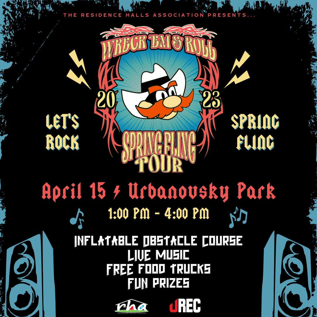 Join RHA for "Wreck 'Em &amp; Roll: Let's Rock Spring Fling!" There will be a rock band for live music, an inflatable obstacle course to conquer, free games and prizes, food trucks with free food, and lots of FUN!!! Will you be there? 🤘🎸🤘
