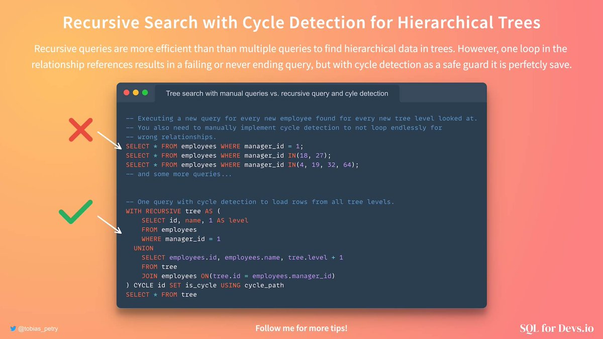 tobias_petry's tweet photo. ⚡ Database Tip

Recursive queries are a great solution to e.g. querying multiple levels in a tree with just one query. But you should use cycle detection otherwise your query might run forever or fail for loops in your data.

https://t.co/DaAVDMLv1N https://t.co/zgNcflhu65