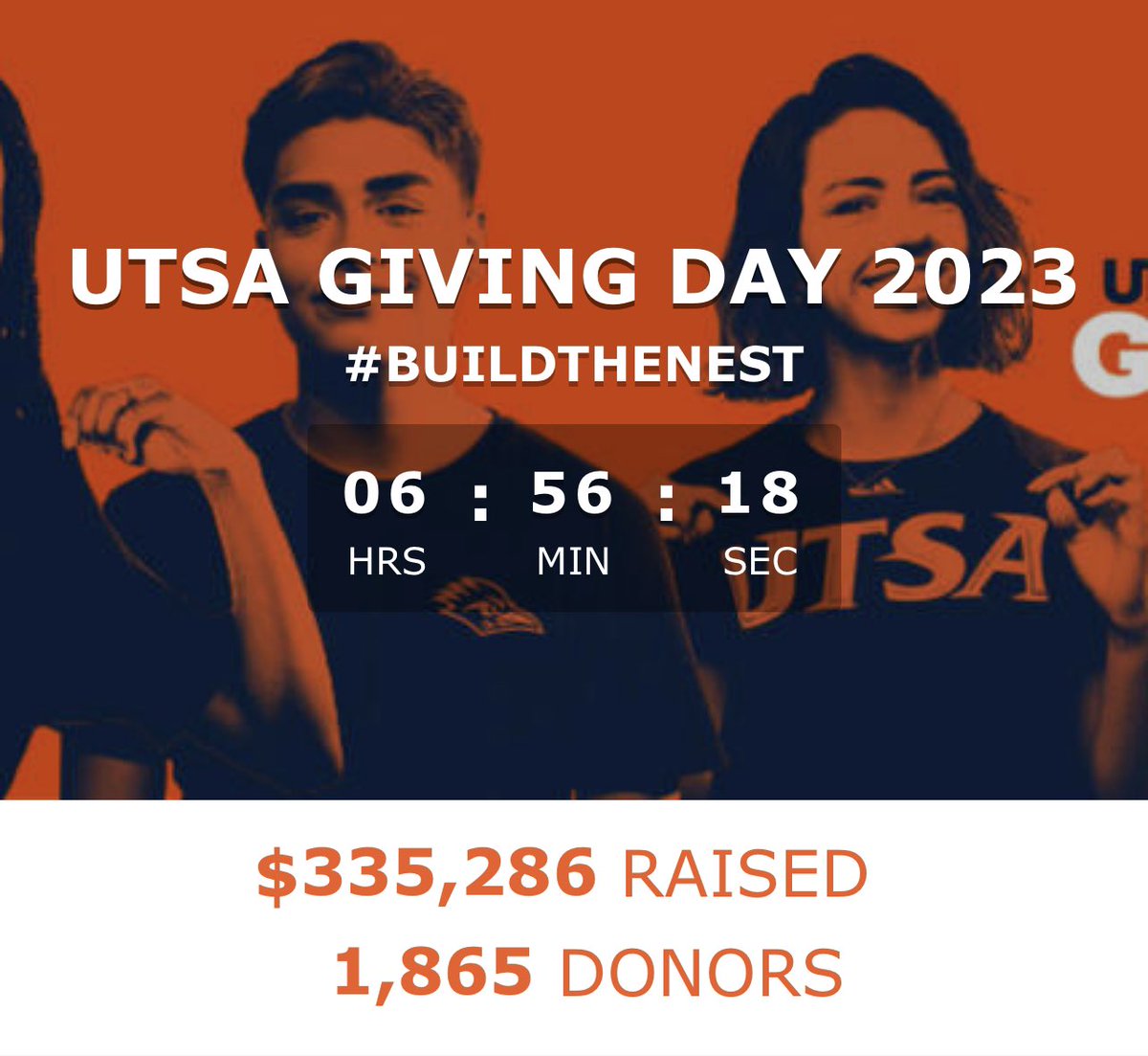 Just Six Hours remaining for UTSA Giving Day 2023❗️💙🧡

Let’s finish strong Runner Nation❗️

#buildthenest #utsa #birdsup #meepmeep @UTSAAlumni @AprilAncira @UTSA @UTSAAthletics