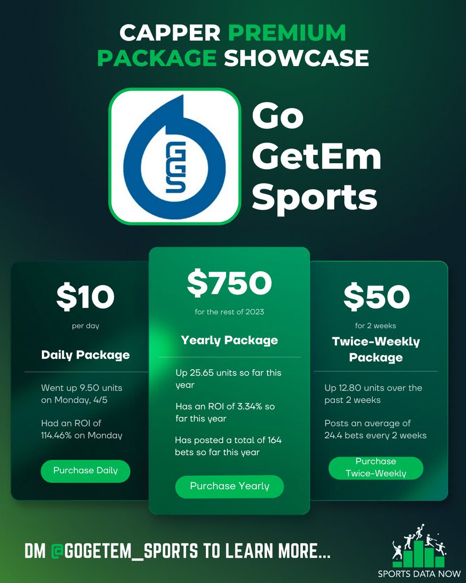 SportsDataNow's tweet photo. Looking for a capper to buy a premium package from? Look no further than @GoGetEm_Sports! Follow and DM them on IG and Twitter to get started!

#GamblingTwitter #SportsGambling #gambling #sportsbettingpicks #sportsbettingtwitter #capper #handicapper https://t.co/yYGOazKRCx