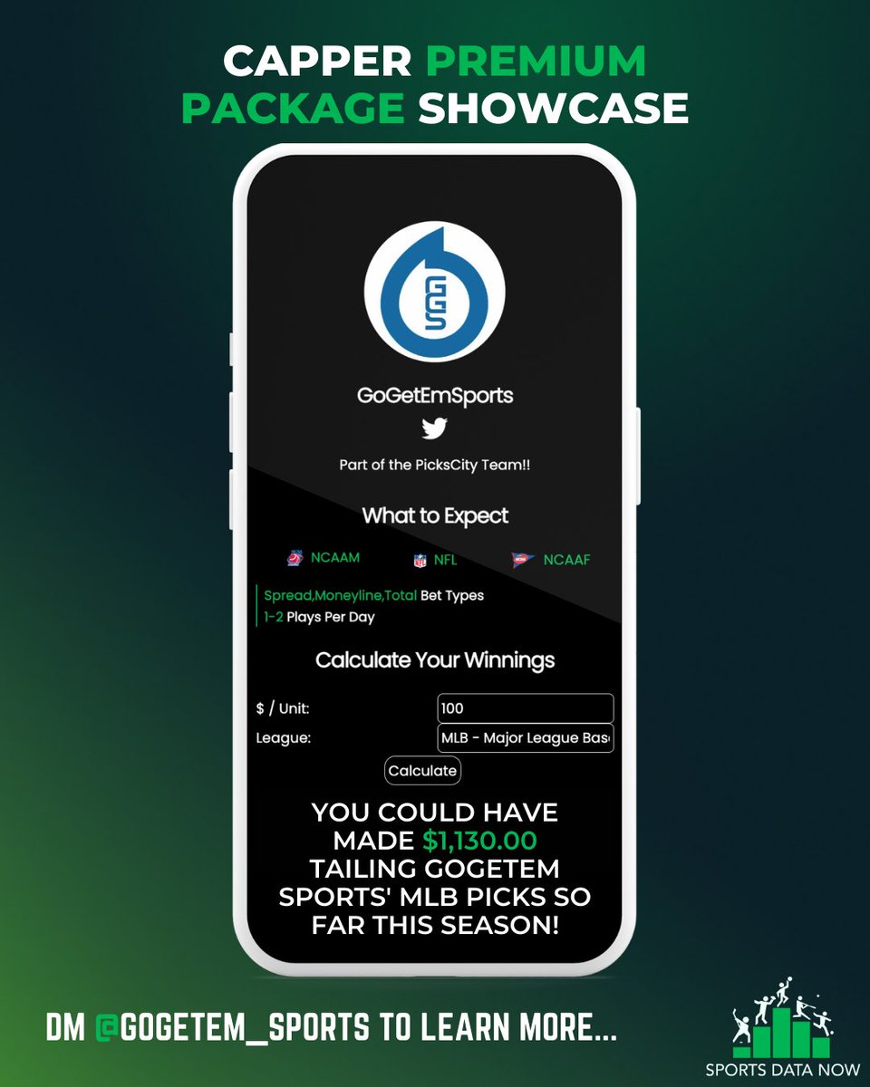 SportsDataNow's tweet photo. Looking for a capper to buy a premium package from? Look no further than @GoGetEm_Sports! Follow and DM them on IG and Twitter to get started!

#GamblingTwitter #SportsGambling #gambling #sportsbettingpicks #sportsbettingtwitter #capper #handicapper https://t.co/yYGOazKRCx