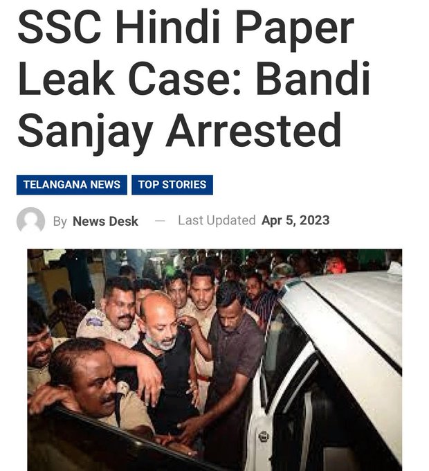 singh_saab007's tweet photo. #BREAKING 
WARANGAL: Telangana BJP President Bandi Sanjay Kumar has been arrested and named as the primary accused (A1) in the SSC Hindi paper leak case #BJPLeaks 

👉Special:- Even #Detol Kills Only 99.9% Germs, Why To Blame #BJP4Telangana 🤦‍♂️

Hyderabad SHIV HITS 100K YT FAM https://t.co/d3T6goaIZH