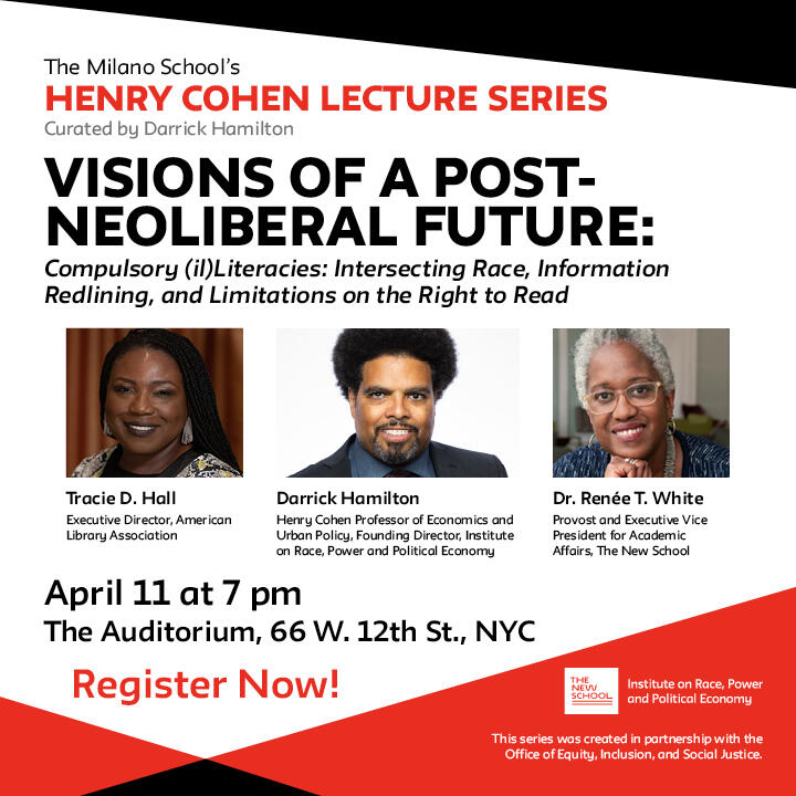 As part of a short residency @TheNewSchool, @TracieDHall1 is giving a series of lectures, including this #HenryCohenLectureSeries event, 'Compulsory (il) Literacies: Intersecting Race, Information Redlining, and Limitations on the Right to Read.'
event.newschool.edu/themomentisnow