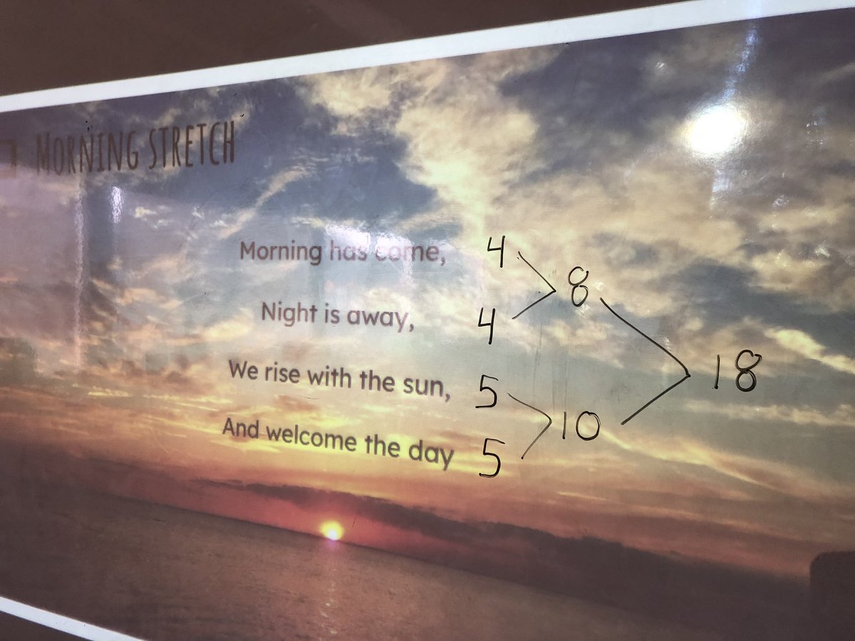 MsSinclair_Ed's tweet image. Today we counted the syllables in our morning stretch poem. Students used math fact skills of doubles, near doubles, and ten more to calculate how many syllables all together! #IntegratedLearning #MathIsEverywhere