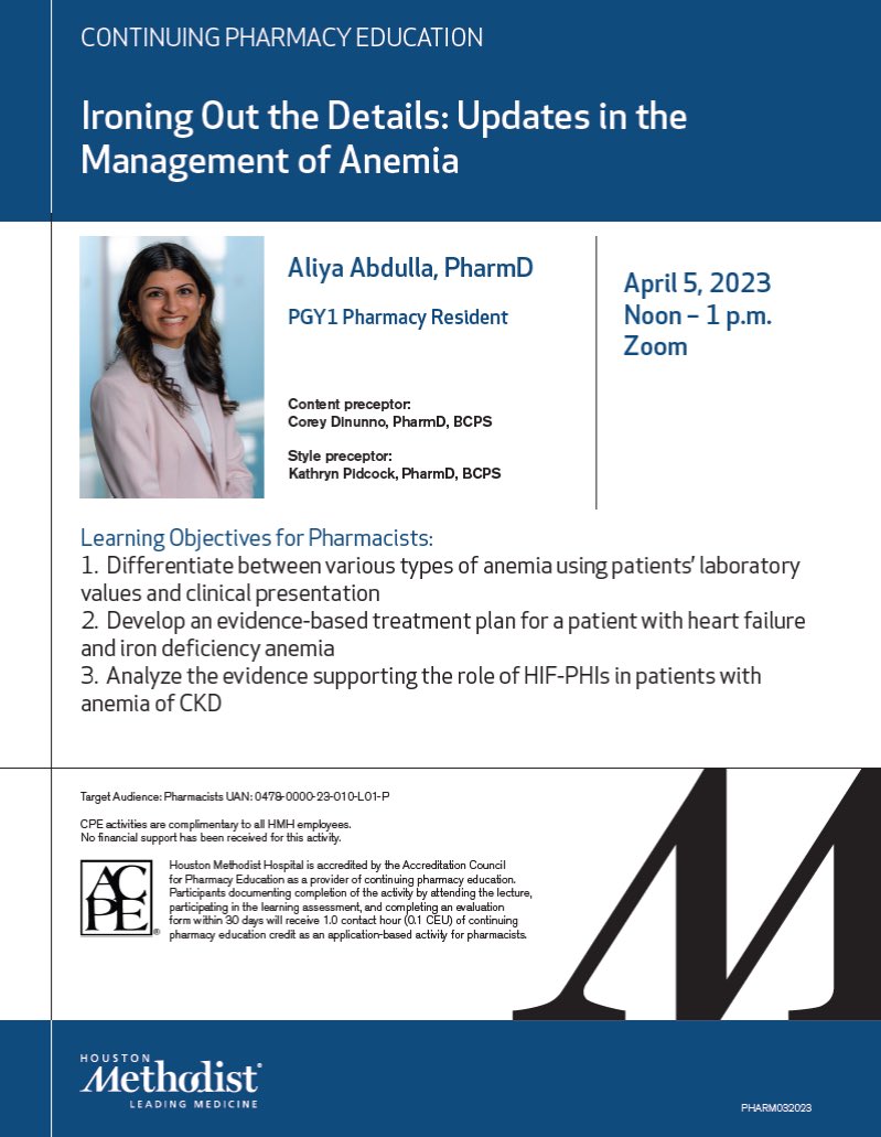 hmpharmprograms's tweet photo. Happening now - PGY1 @aliya_abdulla presenting her CPE on updates in the management of anemia 🩸 https://t.co/j076yGgTUW