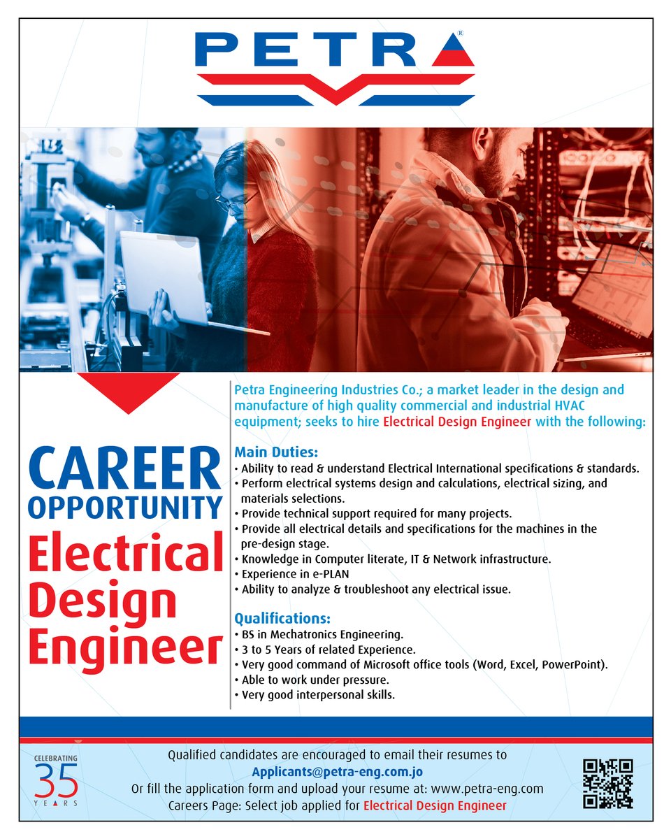 Career Opportunity
Electrical Design Engineer
Petra Engineering Industries Co.; a market leader in the design and manufacture of high quality commercial and industrial HVAC equipment
petra-eng.com
#PetraEngineeringIndustriesCo #petraengineering  #Amman #petra #Career
