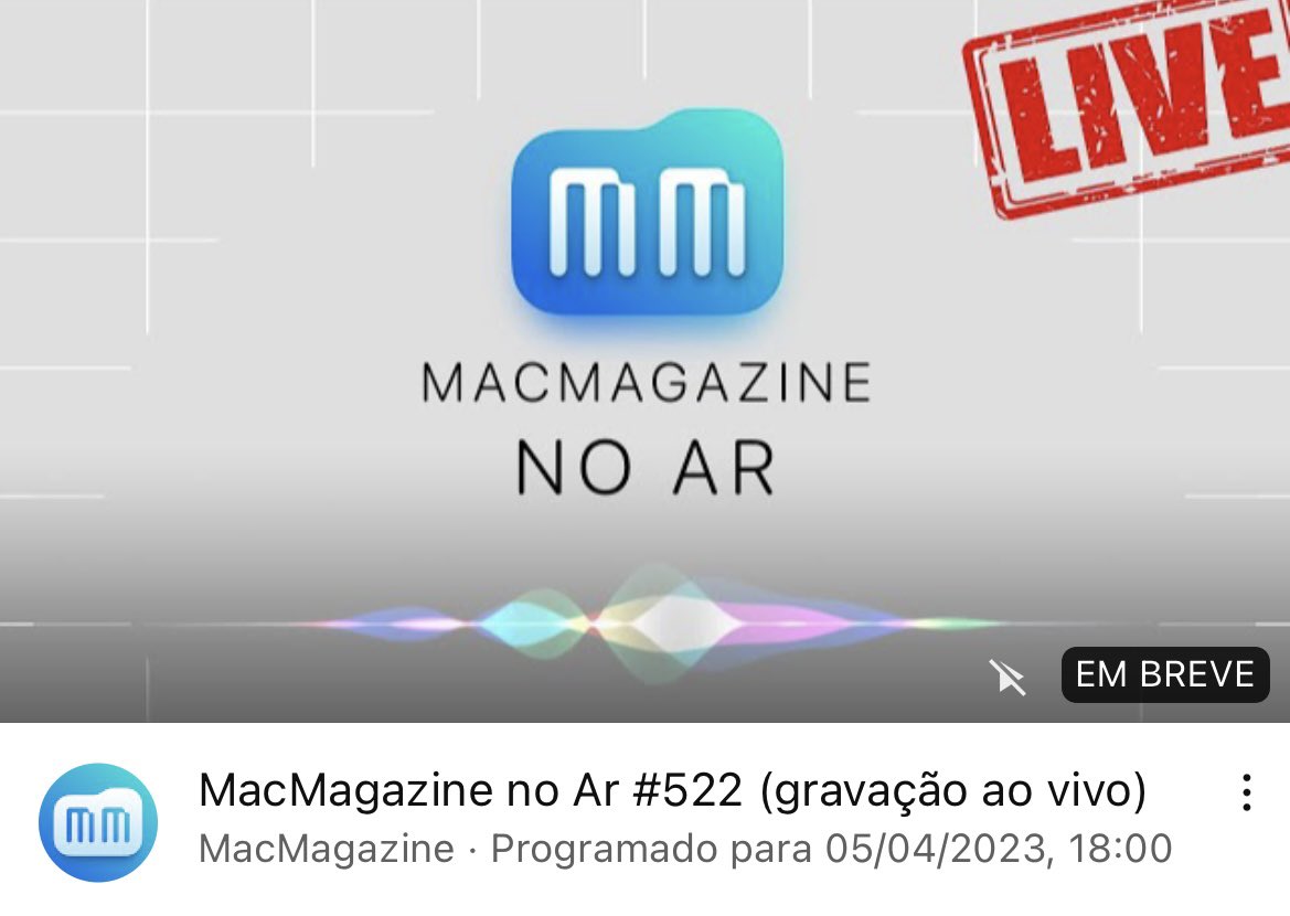 dalva_veronica's tweet photo. Excepcionalmente nessa 4ª feira, teremos a gravação ao vivo do MacMagazine No Ar, podcast do @MacMagazine no YouTube.

Não percam! 😉

🗓: 5 de Abril
⏰: 18h (horário de Brasília)
📺: Youtube MacMagazine

Se inscrevam no nosso canal!

#MacMagazine #MacMagazineNoAr #Podcast #Apple https://t.co/GIV1KavZtq