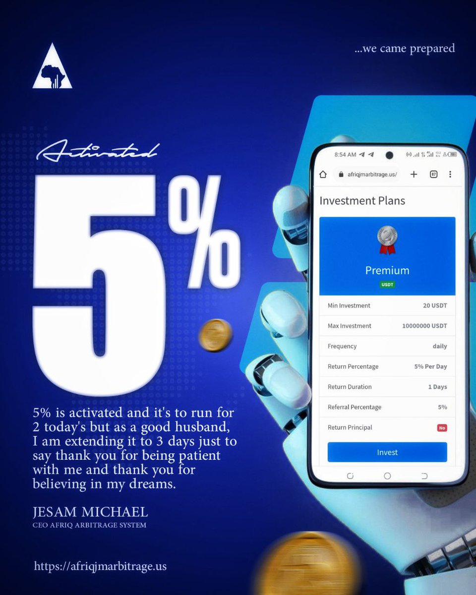 5% is activated  🚀and it's to run for 2 today's but as a good husband, I am extending it to 3 days 🤑💲just to say thank you for being patient with me and thank you for believing in my dreams.🚀🚀💪💪

Jesam Michael 
FOUNDER/CEO AAS 
#WeAreSpartans 
#wecameprepared 
#tothemoon