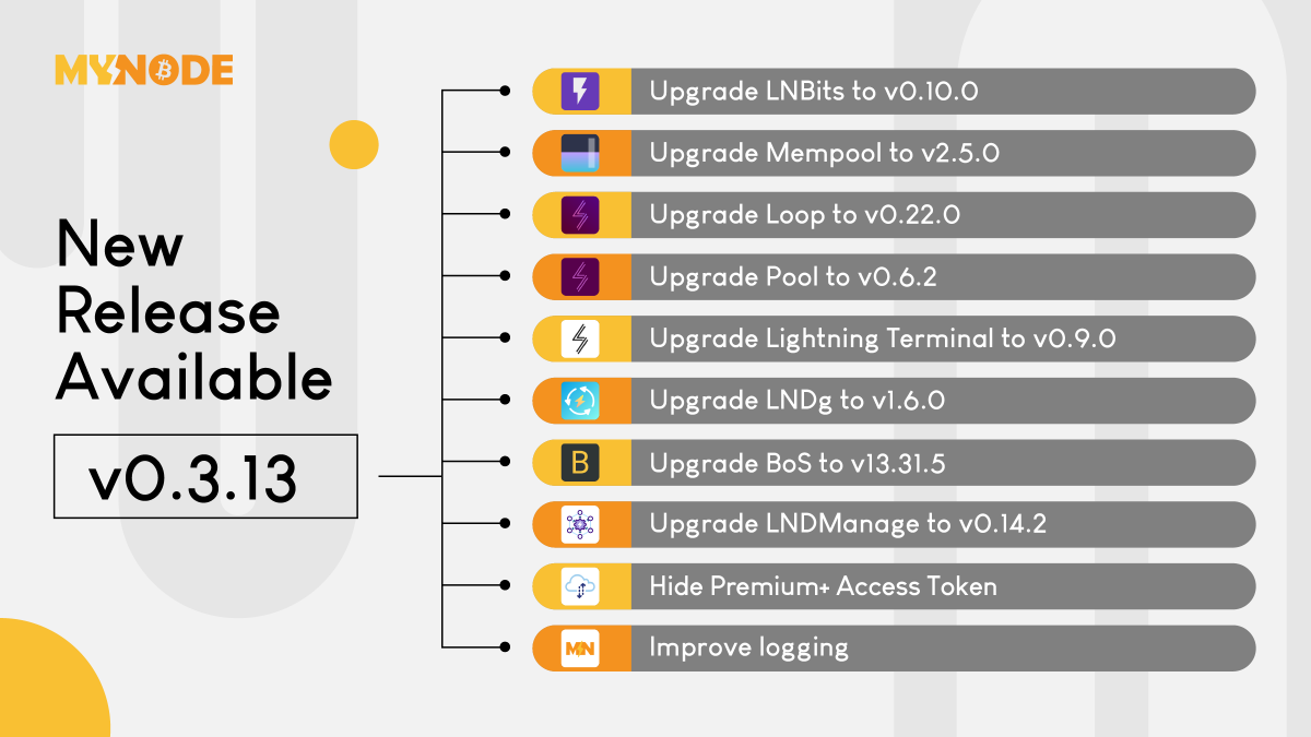 mynodebtc's tweet image. Exciting news! 

We just released a new software update for #MYNODE

Get ready for faster speeds and enhanced security

Upgrade now and experience the best in #Bitcoin #node management