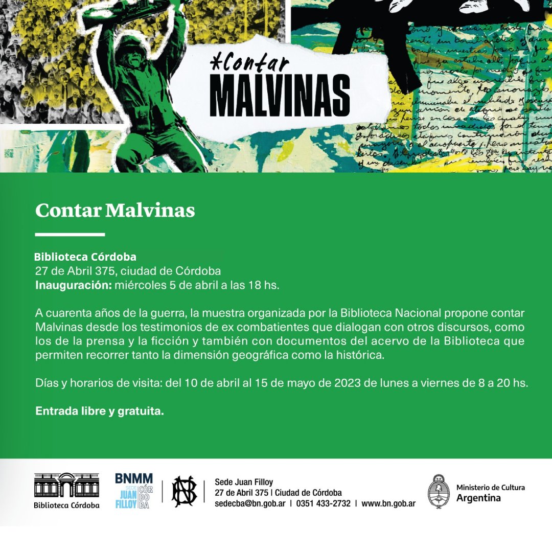 ¡Llega la #contarmalvinas Muestra organizada por @bibliotecanacionalarg
📌 ¿Cuándo? Inauguración Miércoles 05 de abril. 
Quedará desde el 10 de abril al 15 de Mayo 
📍de 8 a 20 hs.<a href="/bibliocba/">Biblioteca Córdoba</a>
 27 de Abril 375
🎟️ Entrada gratuita.
#biblioteca #muestra #malvinas #MalvinasArgentinas