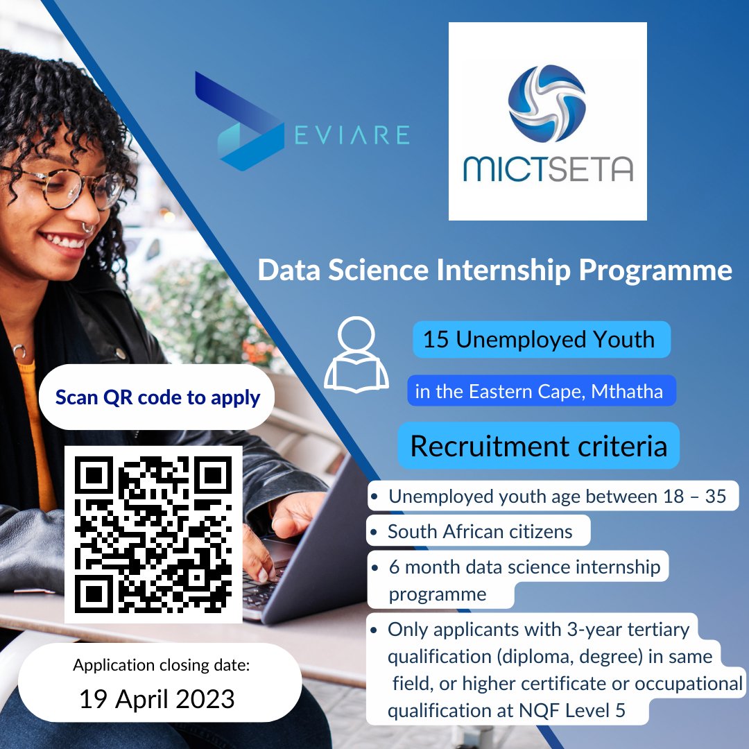 DeviareSA's tweet photo. MICT SETA &amp; Deviare are offering unemployed #graduates from Mthatha, EC a chance to join their #DataScience Internship Programme!   

Apply Now:                                      https://t.co/RN9R1GY0oi

#Deviare #Youth #4IR https://t.co/LK5Nuqm2kT