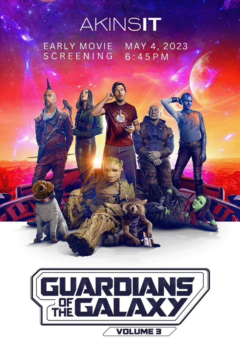 AkinsIT_inc's tweet photo. Join Akins IT on May 4th for an exclusive, early screening of the Marvel hit, Guardians of the Galaxy Vol. 3. Spots are limited, so click the link to register today! https://t.co/tvRDA2NSAs https://t.co/H4wEGWM4Kh