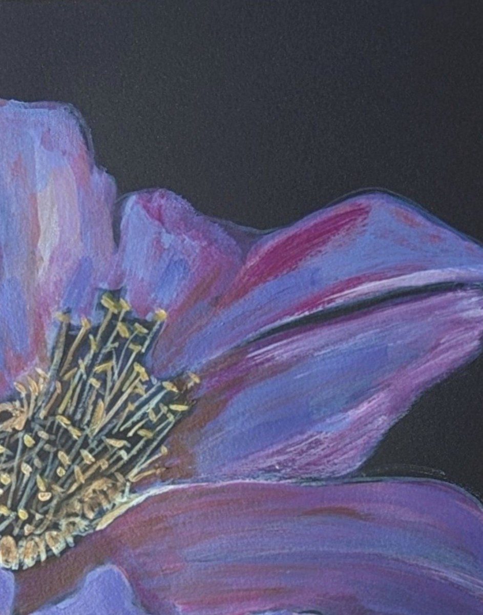 I'm fascinated by  birth and rebirth. I see the entire cycle in flowers, and it fascinates  and drives me to paint nature as it blooms, wanes , fades, dries, dies and soon, a new bud starts the cycle again! 
 Details from my latest work
" Fading glory. "  Acrylics on paper.