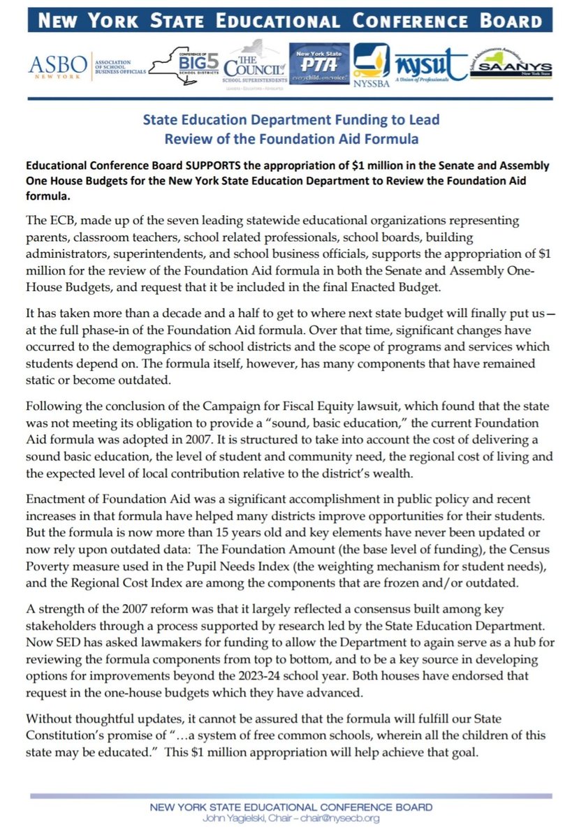 Brian Fessler (@fessland) on Twitter photo The <a href="/NYSECB/">NYSECB</a> strongly supports funding for <a href="/NYSEDNews/">NYS Education Department</a> to lead a meaningful and comprehensive study on the future of the Foundation Aid formula. #NYbudget <a href="/nyschoolboards/">New York State School Boards Association</a> <a href="/NYSchoolSupts/">NYSCOSS</a> <a href="/nysut/">NYSUT</a> <a href="/ASBONewYork/">ASBO New York</a> <a href="/SAANYS/">SAANYS</a> <a href="/Big5Schools/">Conference of Big 5 School Districts</a> <a href="/NYSPTA/">NYS PTA</a> The <a href="/NYSECB/">NYSECB</a> strongly supports funding for <a href="/NYSEDNews/">NYS Education Department</a> to lead a meaningful and comprehensive study on the future of the Foundation Aid formula. #NYbudget <a href="/nyschoolboards/">New York State School Boards Association</a> <a href="/NYSchoolSupts/">NYSCOSS</a> <a href="/nysut/">NYSUT</a> <a href="/ASBONewYork/">ASBO New York</a> <a href="/SAANYS/">SAANYS</a> <a href="/Big5Schools/">Conference of Big 5 School Districts</a> <a href="/NYSPTA/">NYS PTA</a>