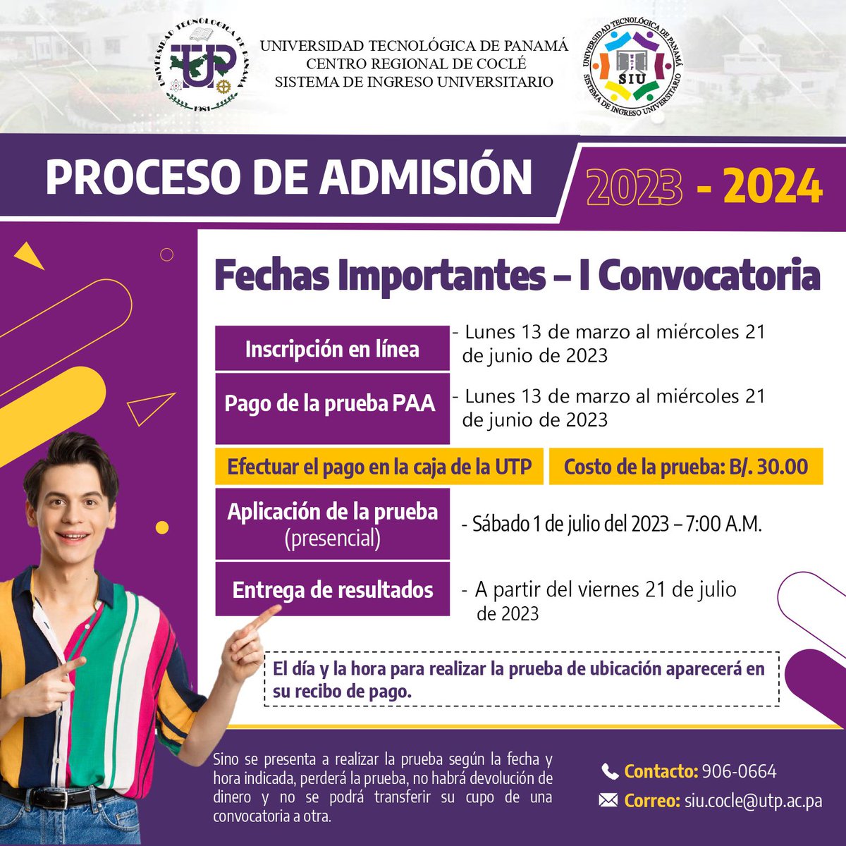 El Sistema de Ingreso Universitario del Centro Regional de la Universidad Tecnológica de Panamá, en Coclé, se complace en anunciar las fechas importantes del período de ingreso 2023-2024.