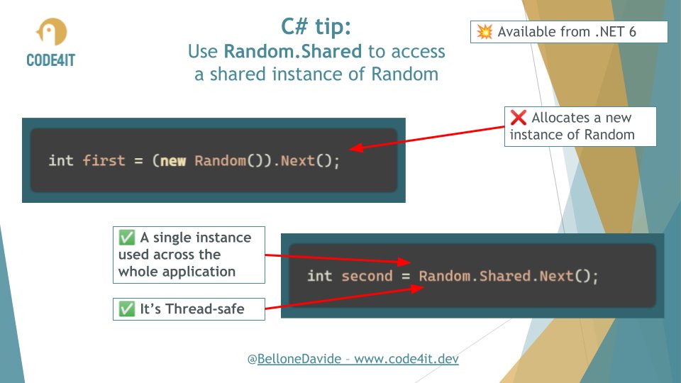 BelloneDavide's tweet image. 🌊 C# tip: use Random.Shared to generate random values 🌊

Instead of creating a new object of type Random, 

❌ (new Random()).Next();

you can access a shared instance

✅ Random.Shared.Next();

This instance is also thread-safe and with a shared seed.

#csharp #dotnet