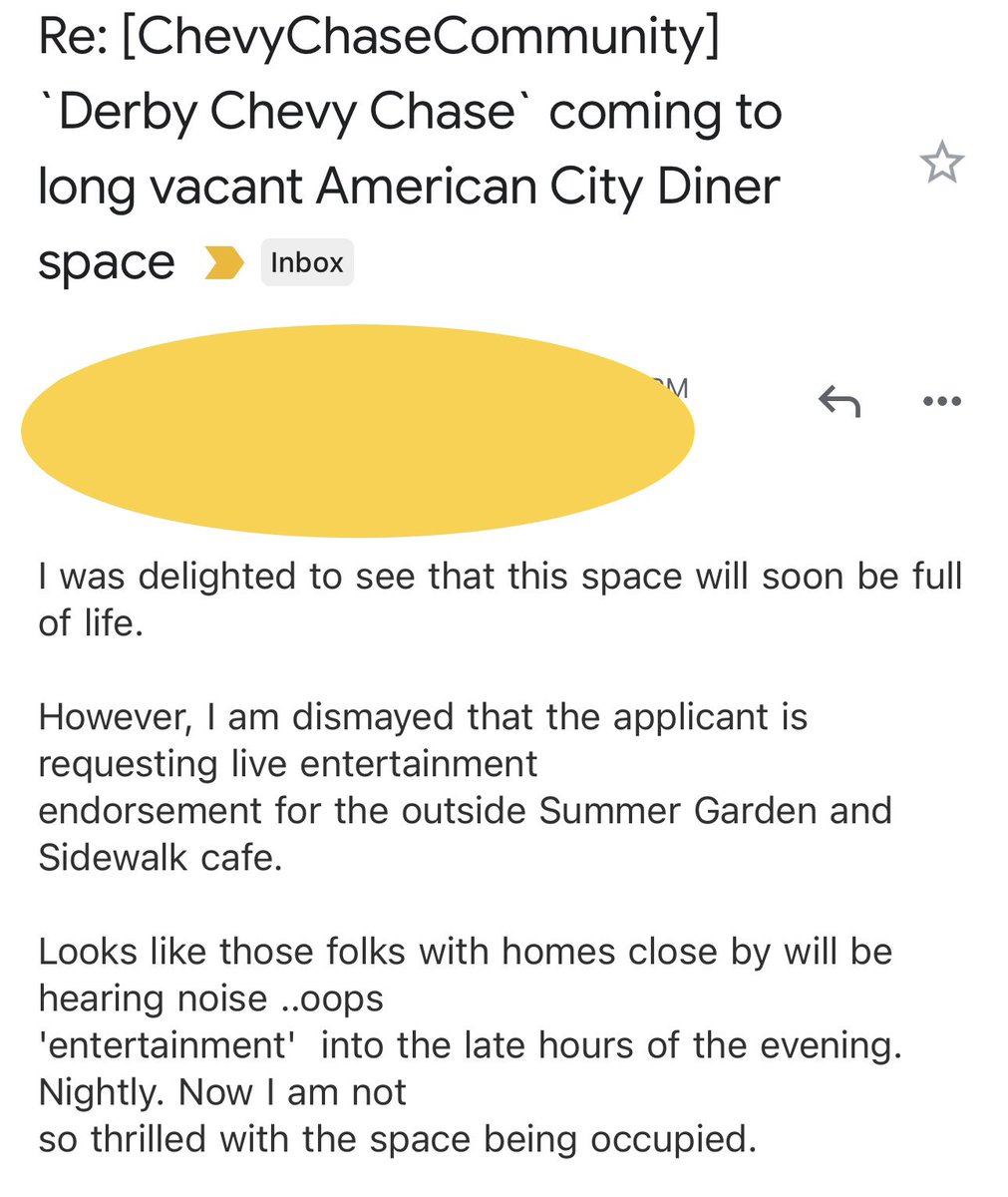Best_ChevyChase's tweet photo. Derby sounds awesome. Complainers: “how dare a business make noise—not suit me—I want cheap good burgers—I want Chinese.” Open your own damn restaurant! Don’t buy a home by a major thoroughfare then expect it to be rural. Same types that don’t want kids to play sports in parks https://t.co/ETsryqbOzl