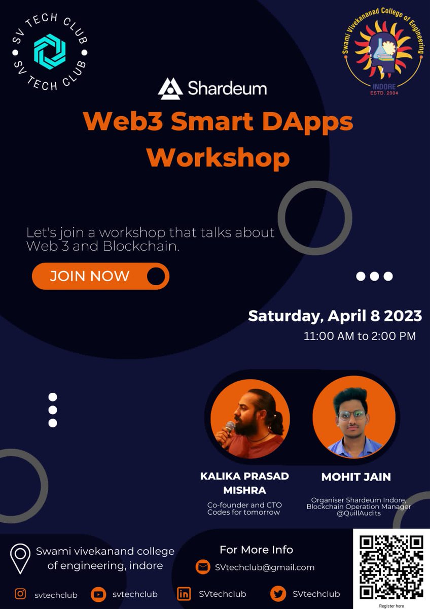 SVTechClub's tweet image. &quot;Join the revolution of decentralised technology and take control of your digital future! Discover the power of #decentralisation and #blockchain at our event today.&quot; #DecentralisedTech #DigitalRevolution.
At swami vivekanand college of engineering.
8th April 2023.
11PM onwards.