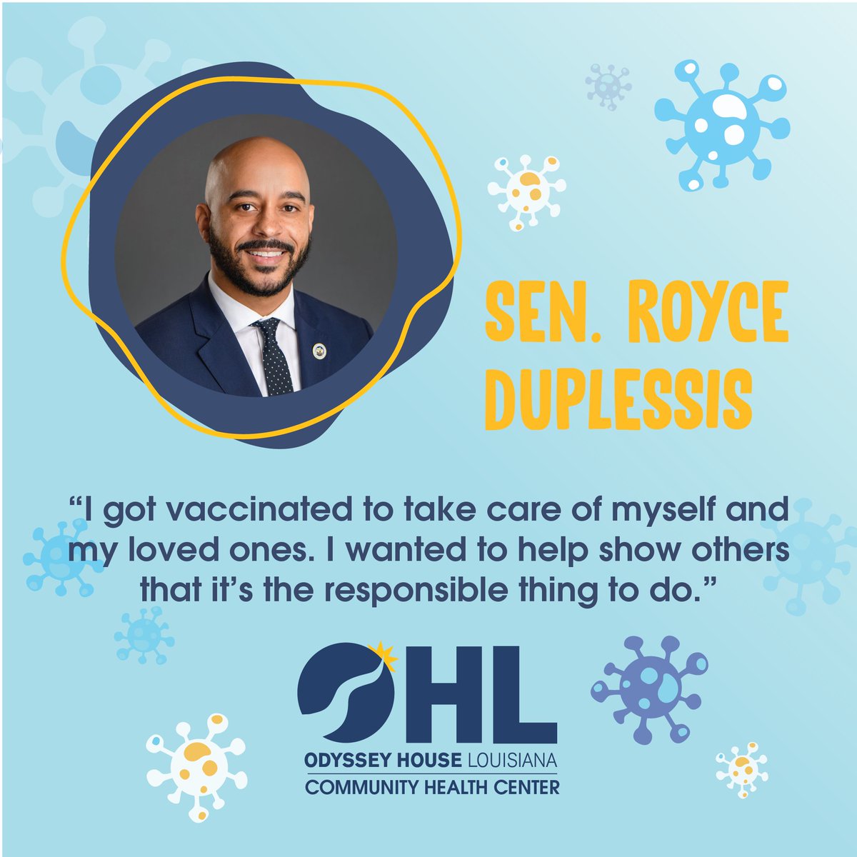 Odyssey House LA (@odysseyhousela) on Twitter photo OHL is excited to have Senator <a href="/RoyceDuplessis/">Royce Duplessis</a> on board as a COVID-19 Vaccine Ambassador! Senator Duplessis got vaccinated to stay healthy and show others that it’s a responsible thing to do. Call the OHL CHC at (504) 383-8559 to schedule your vaccine. #covidvacccine #stayhealthy OHL is excited to have Senator <a href="/RoyceDuplessis/">Royce Duplessis</a> on board as a COVID-19 Vaccine Ambassador! Senator Duplessis got vaccinated to stay healthy and show others that it’s a responsible thing to do. Call the OHL CHC at (504) 383-8559 to schedule your vaccine. #covidvacccine #stayhealthy