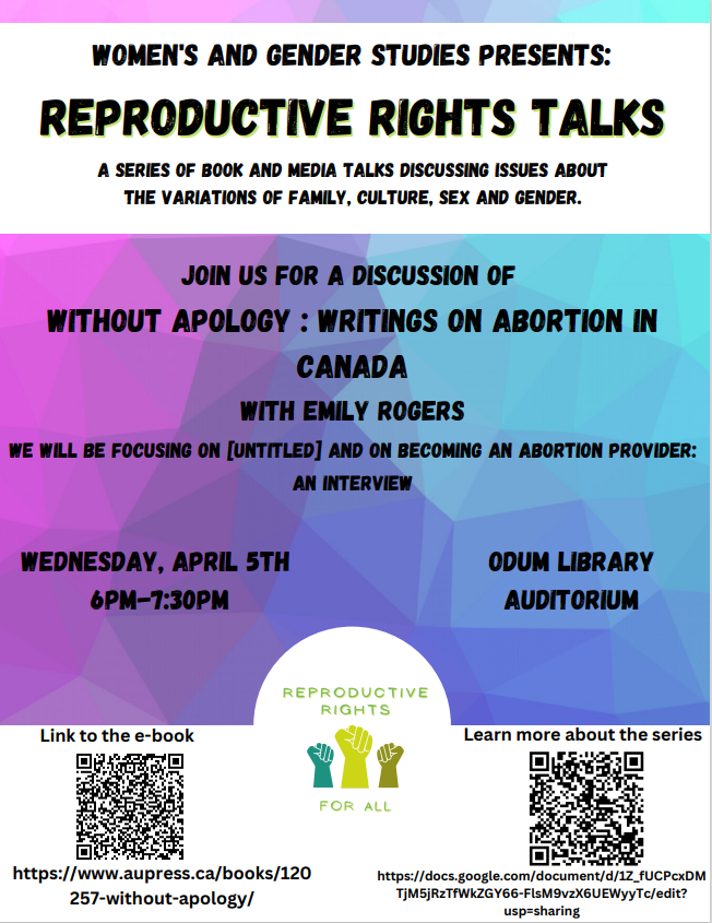 Come support WGST PRESENTS: Without Apology: Writings on Abortion in Canada with Emily Rogers

Wednesday, April 5th @ 6:00 PM-7:30PM

@valdostastate @vsustudentlife @vsu_spectator
#vstate #vstate22 #vstate23 #vstate24 #vstate25 #vstate26 #valdosta #valdostastate #womenstudies