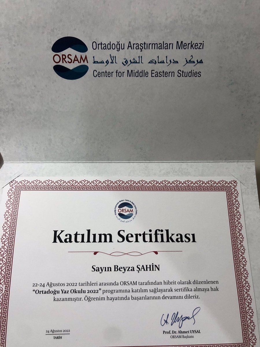 asyabeyzasahin's tweet photo. I received my "Middle East Summer School" training certificate organized by the Center for Middle Eastern Studies - ORSAM between 22-24 August 2022 as a hybrid!
#orsam #middleeast #politics #arapspring https://t.co/KJI88J3J5O