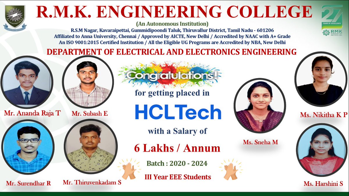 eeermkec's tweet photo. RMKEC_Department of EEE, happy to share that the following students from the Third year (2020-2024) batch got placed in HCL Tech with a salary package of 6Lakhs/ Annum
ANANDA RAJA T
NIKITHA K P
S HARSHINI
SUBASH E
SURENDHAR R
THIRUVENKADAM S
SNEHA M
#tech #students #hcltech https://t.co/IhAZNEUca1